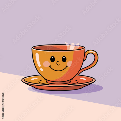 The cheerful illustration of a smiling orange cup on its saucer captures a sense of warmth, joy, and playfulness making it perfect for uplifting morning coffee moments.