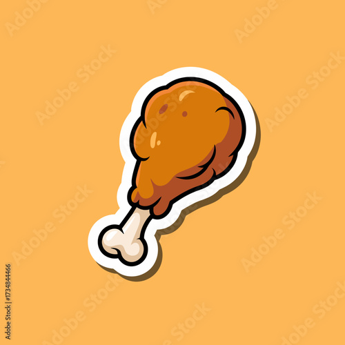 A cartoon-style illustration of a delicious, golden-brown chicken drumstick set against a bright orange background, evoking a sense of craving and comfort.