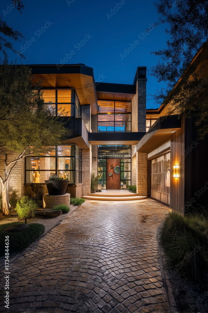 Fototapeta premium Luxurious home exterior at twilight, showcasing elegant architecture and inviting landscaping.