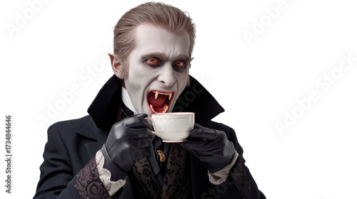 Vampire drinking coffee, transparent background.