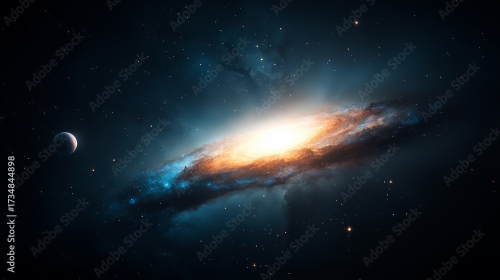 Fototapeta premium Galaxy with a bright yellow star in the center. The galaxy is filled with stars and planets