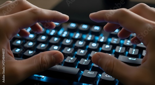 A close-up of hands hovering over a keyboard