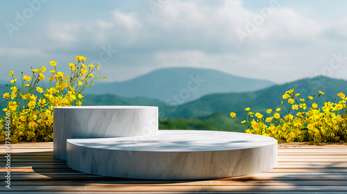 Marble and wood podiums with yellow flowers.