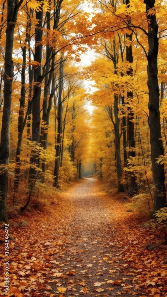 Fototapeta premium Serene and Vivid Forest Path Scene with Autumnal Foliage Landscape