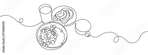 Continuous line of set of breakfast food, cereal, toast. Hand drawn vector doodle art line. Editable stroke.