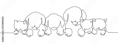 Continuous line of a group of cute dogs and cats. Hand drawn vector doodle art line. Editable stroke.