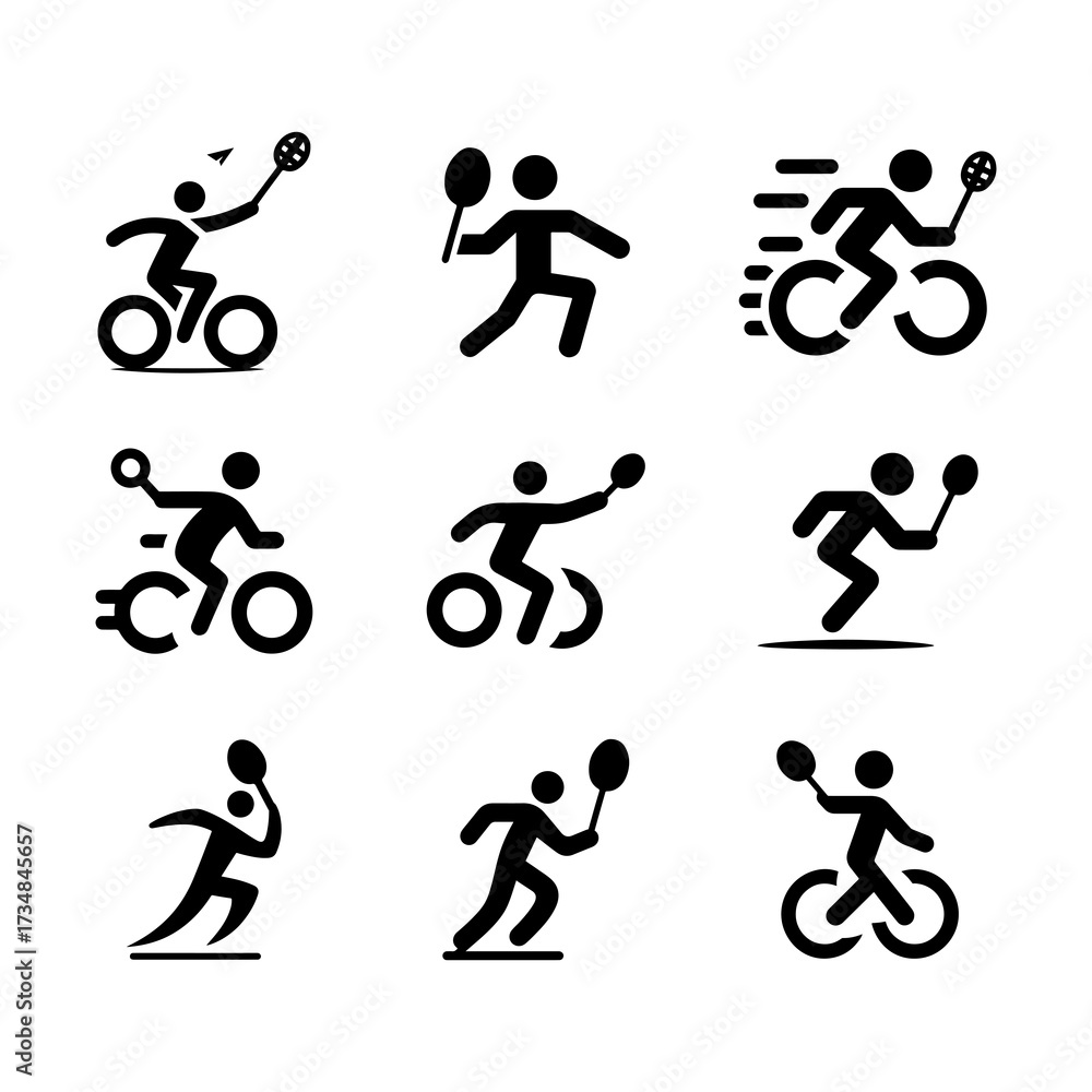 Naklejka premium Athletic icon set, gym and fitness icons, sport activity silhouettes for websites and apps movements and actions icon pack, training graphics, fitness branding illustrations