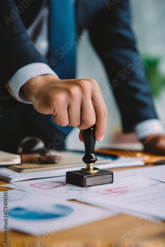 Official document stamping. Man in suit using seal. Approving applications and authenticating paperwork. Legal process and verification.