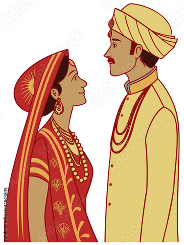 Traditional indian wedding couple in formal attire looking at each other with love and respect in a cultural celebration illustration