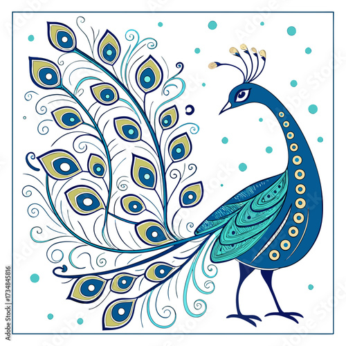 Elegant peacock illustration with intricate feather details and vibrant blue hues on a clean white background creating a decorative design