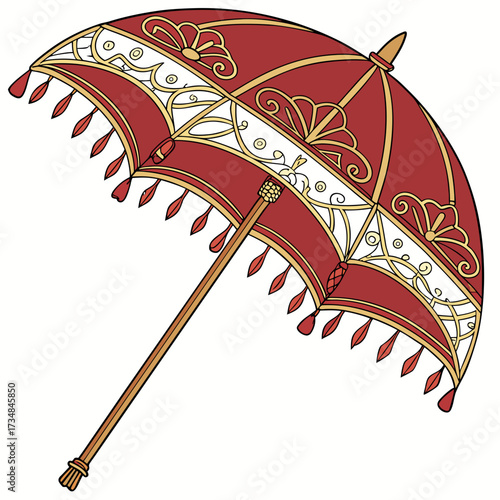 Ornate red and gold parasol with tassels and intricate designs offering shade and vintage charm on a sunny day for a stylish statement