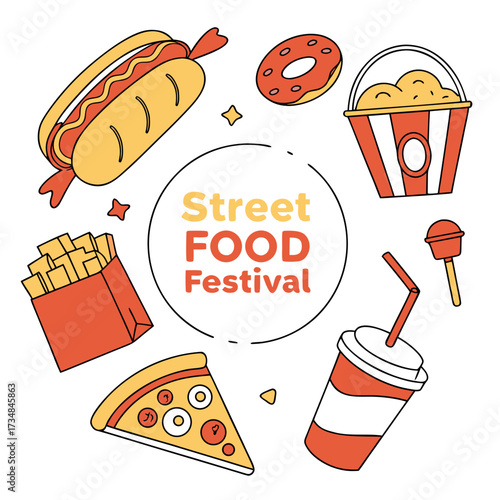 Colorful street food festival illustration featuring hotdog pizza donut fries popcorn drink and lollipop icons