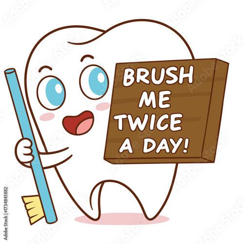 Cute tooth character holding a toothbrush and a sign reminding to brush twice a day for good dental hygiene and health awareness
