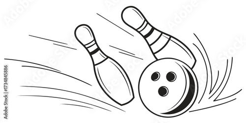 Bowling strike vector graphic for sports and recreation with pins and ball in black and white illustration