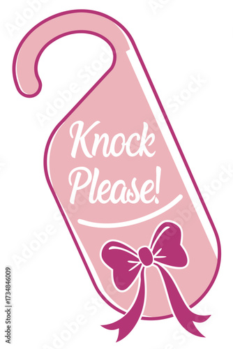 Pink door hanger with knock please message and bow vector graphic for privacy and quiet time sign design