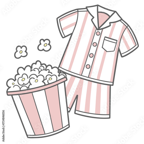 Cute pajama party illustration with popcorn and striped pajamas for sleepover themed designs and graphics