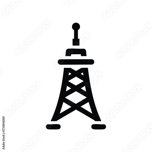 Simplified black and white of a communication tower or radio antenna with a circular top and lattice structure