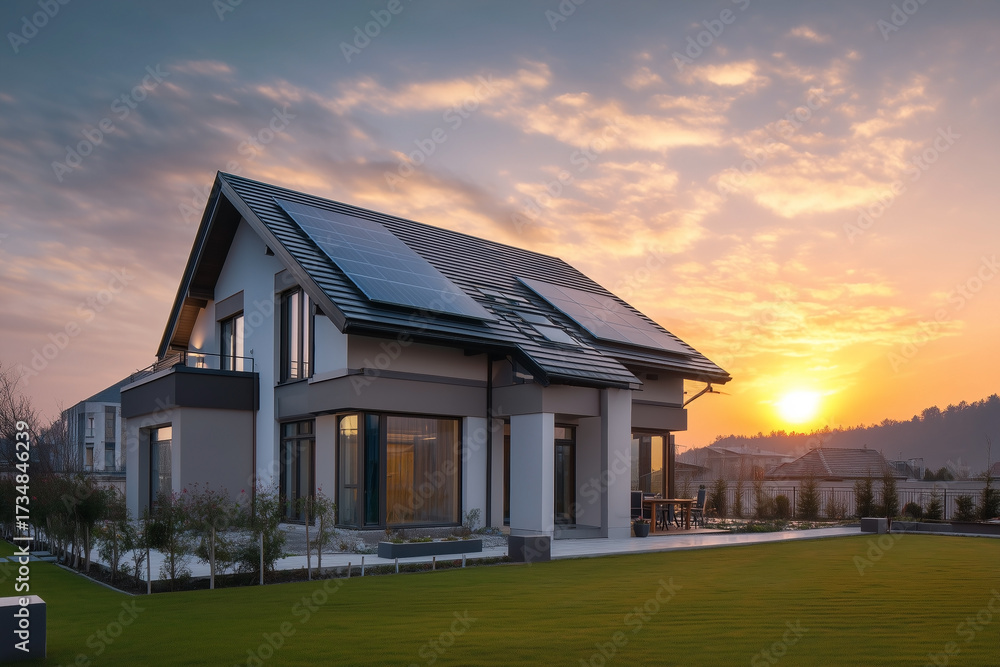 Obraz premium Modern home with solar panels gleaming in the sunset. Environmentally friendly energy for a sustainable future.