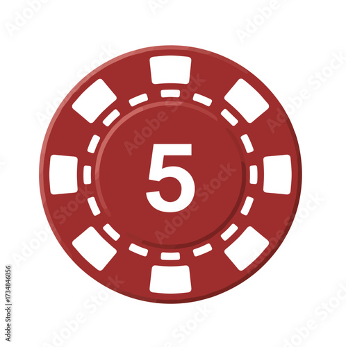 Red poker chip with the number five, vector illustration on transparent background