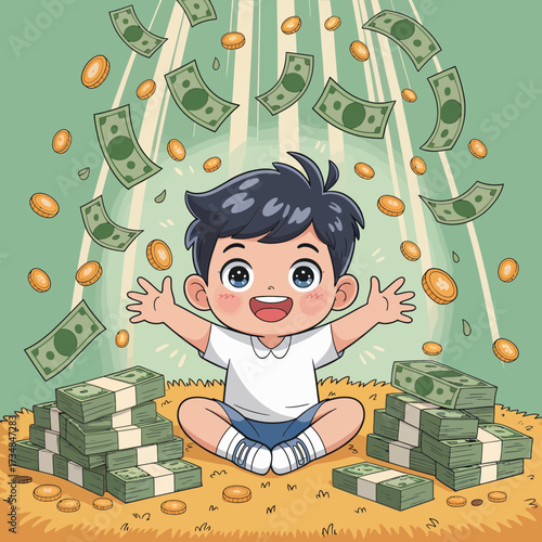 An adorable boy sitting in a pile of cash, laughing joyfully as money and coins rain around him, representing dreams of wealth and happiness in an enchanting setting.