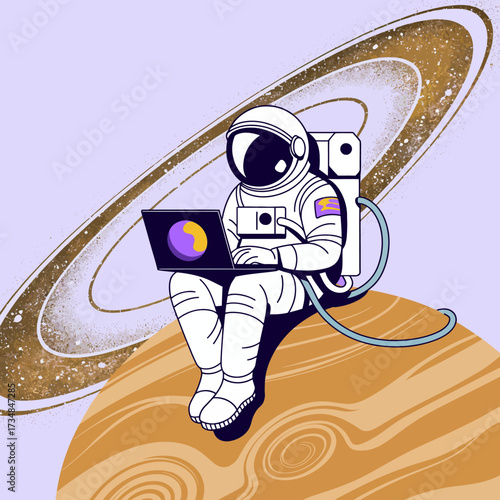 An astronaut sits on a distant planet, using a laptop amidst a cosmic backdrop, representing innovation, exploration, and the endless possibilities of the universe and technology.