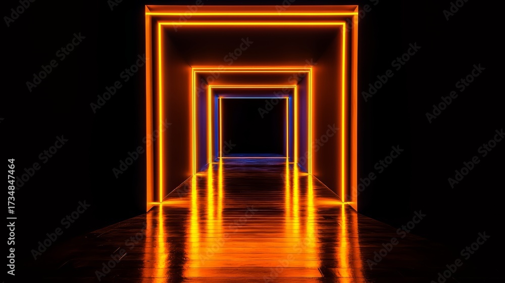 Fototapeta premium Long, narrow hallway with bright orange lights illuminating the floor. The hallway is dark, and the lights create a warm, inviting atmosphere