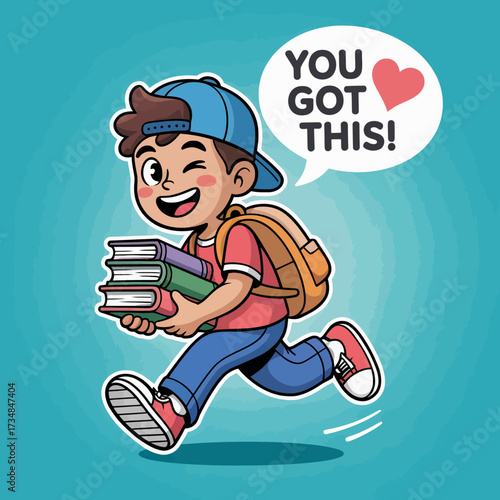 A lively young boy rushing with stacks of books and a positive message, expressing the joy of learning and motivation in a vibrant and engaging cartoon style.