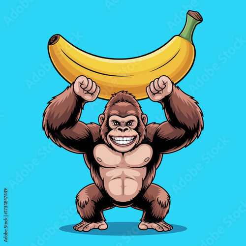 This playful illustration features a muscular gorilla confidently lifting an oversized banana, showcasing strength and humor in a vibrant and cartoonish style.