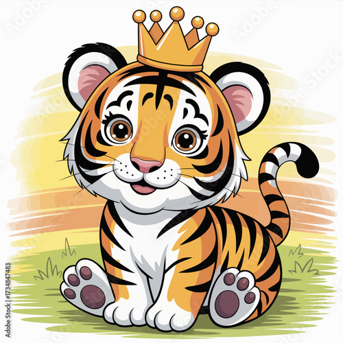 This delightful illustration captures a baby tiger wearing a gold crown, expressing innocence and royalty, making it a fun and playful representation of wild beauty.
