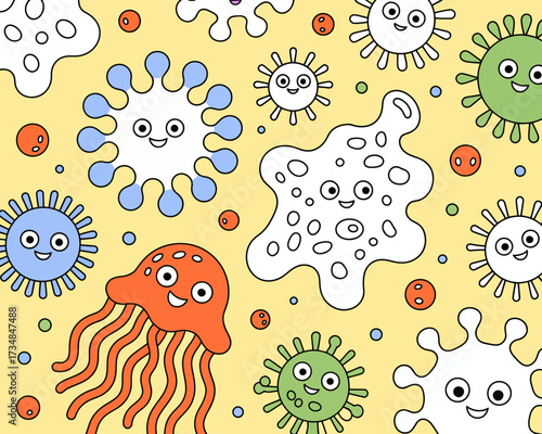 A vibrant and playful background filled with cute microbes and jellyfish, surrounded by bright colors, showcasing the whimsical nature of underwater life and the joy found in tiny creatures.