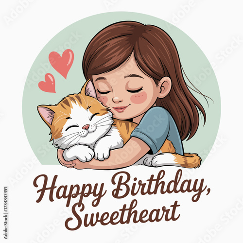 A heartwarming scene of a girl hugging her orange and white cat, celebrating a birthday with love, warmth, and affection, perfect for pet lovers and heartwarming moments.