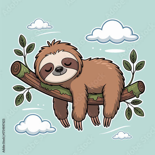 This adorable illustration features a sloth peacefully sleeping on a tree branch surrounded by leaves, embodying relaxation, nature, and the slower pace of life.