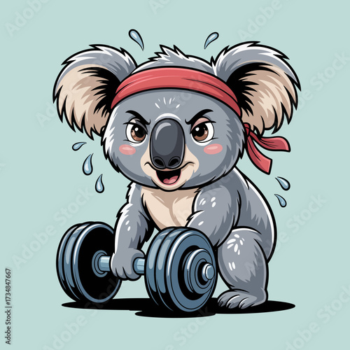 A determined koala, complete with a headband, lifts weights with enthusiasm, showcasing strength and motivation in a playful gym environment filled with energy.