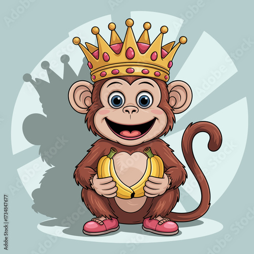 A playful cartoon monkey wearing a crown and holding bananas, exuding a cheerful and fun vibe that appeals to both children and adults alike.