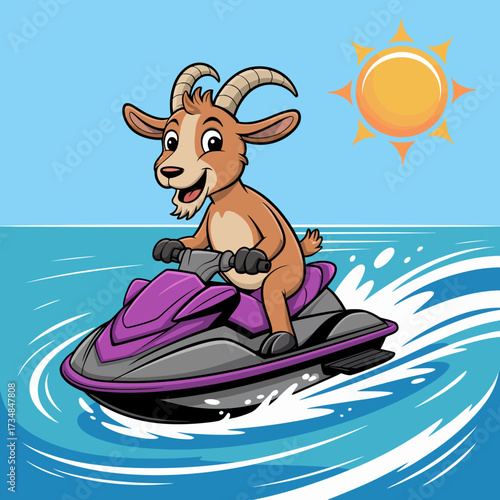 This playful image depicts a goat joyfully riding a jet ski across blue ocean waters, embodying freedom, excitement, and humor in a colorful, cartoonish style.