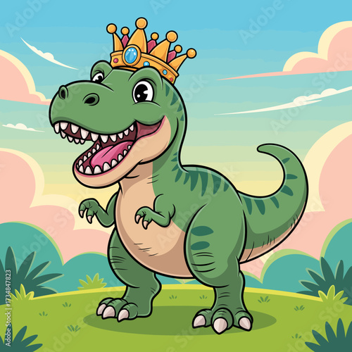 A cheerful, cartoonish dinosaur wearing a crown stands against a vibrant landscape, portraying an exciting sense of adventure and creativity meant for children’s entertainment.