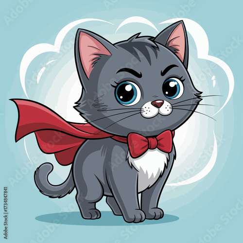 This charming illustration depicts a confident gray cat wearing a cape and bowtie, embodying a heroic persona with a spirited expression against a cloud backdrop.