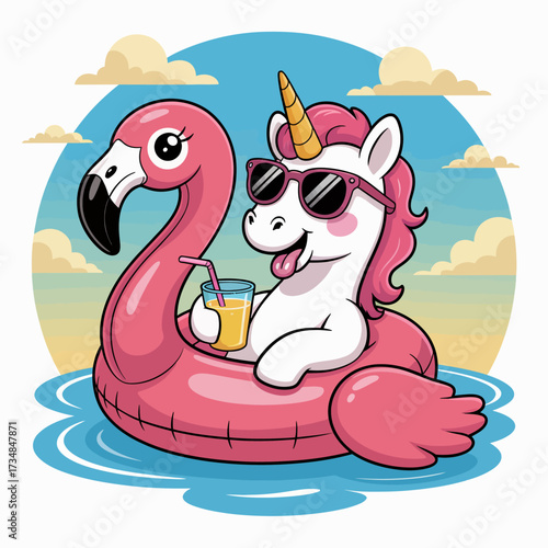 A whimsical unicorn wearing sunglasses lounges on a pink flamingo float, embodying the joy of summer days spent by the water and the spirit of carefree fun.