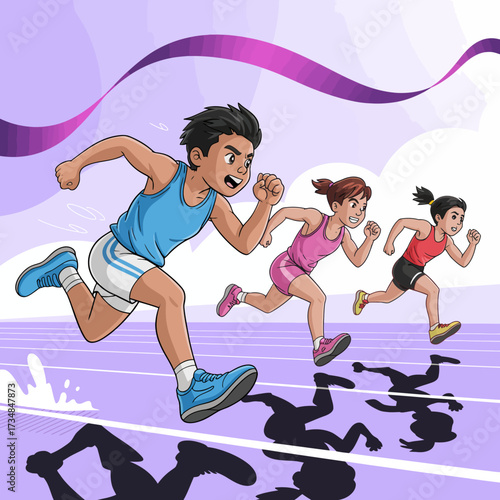 Three determined athletes sprinting in a vibrant race scene, capturing the essence of competitive spirit, teamwork, and the thrill of physical endurance in a modern sporty environment.
