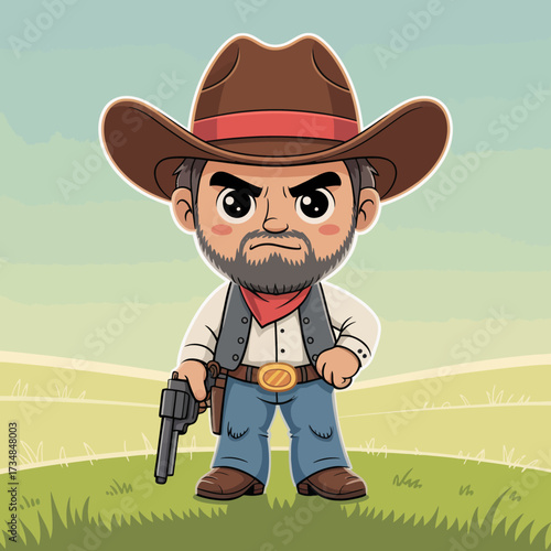 A rugged cowboy stands firmly with a serious expression, dressed in western attire and holding a revolver against a backdrop of open fields, representing adventure and bravery.