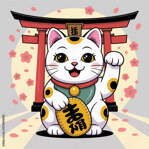This charming illustration depicts a traditional lucky cat, or Maneki-neko, in front of a torii gate, symbolizing fortune, hospitality, and good luck in a vibrant setting.