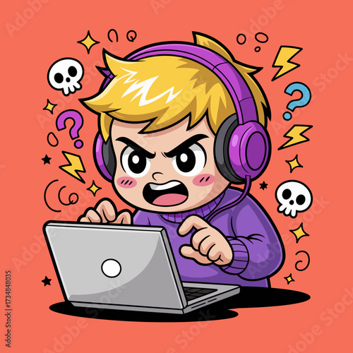 This dynamic illustration showcases an angry gamer intensely engaged with his laptop, capturing the passionate emotions of gaming and electronic competition.