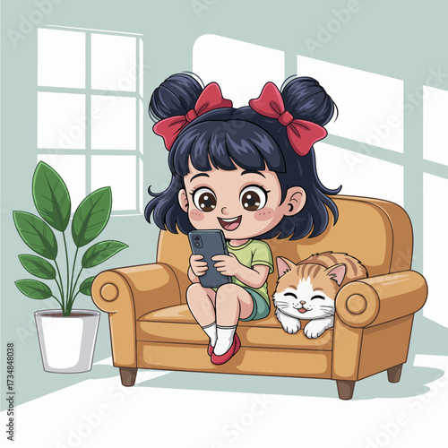 A happy girl sitting on a couch, using her smartphone while a cat sleeps beside her, illustrating the comforting bond between pets and their owners in home settings.