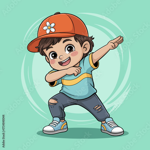 This colorful illustration of a happy child dancing captures a sense of joy and playfulness, showcasing a trendy outfit with a bright cap, embodying youthful exuberance and carefree fun.