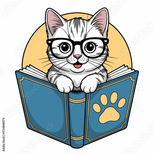 An endearing illustration of a cat wearing glasses while peeking over a book, instilling a sense of knowledge, curiosity, and charm in a whimsical cartoon setting.