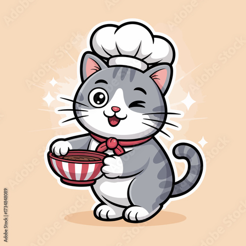 This adorable gray chef cat winks while holding a bowl of chocolate mixture, showcasing a whimsical take on cooking and creativity in the kitchen environment.