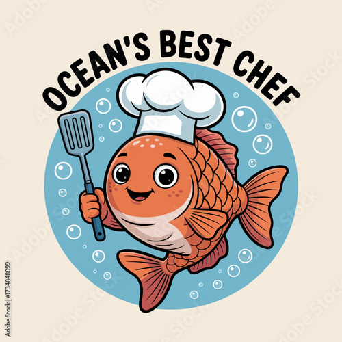 A lively goldfish wearing a chef hat holds a spatula while swimming in bubbles, showcasing creativity and fun in cooking, embodying a playful take on culinary arts in the ocean.