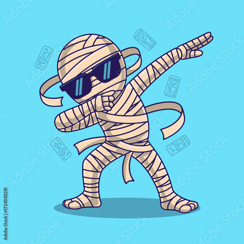 A humorous illustration of a mummy figure dabbing while wearing sunglasses, showcasing a fun blend of classic Halloween themes with a modern twist in a cartoon style.