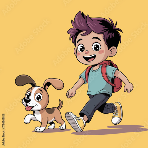 A happy boy walks with his cheerful puppy beside him, highlighting friendship and companionship against a sunny yellow backdrop, exuding positivity and joy.