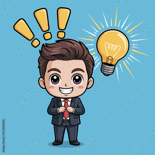 A professional cartoon businessman standing confidently with an excited expression, showcasing a glowing light bulb above his head symbolizing an innovative idea or breakthrough.